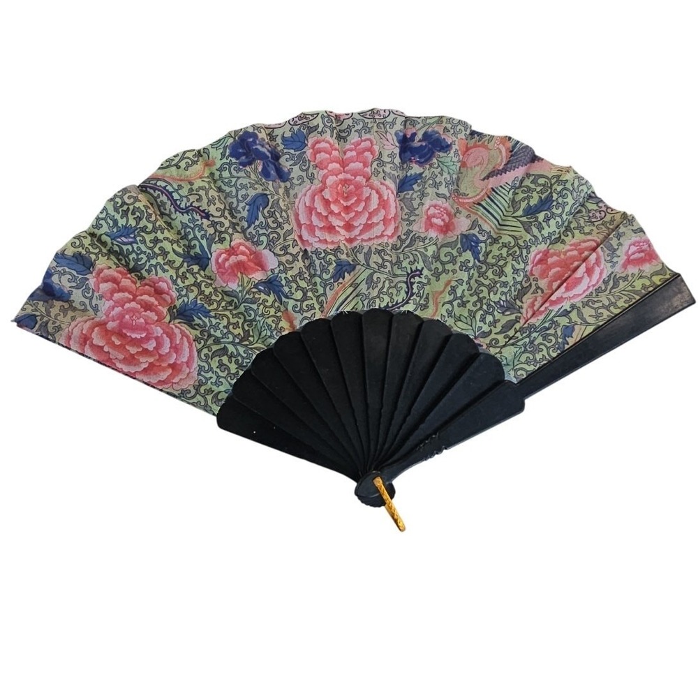 Handheld‎ Decorative Folding Fan - Floral Pattern Black Handle Summer Accessory